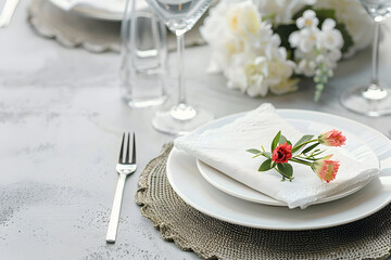Table setting with beautiful flower on grey background