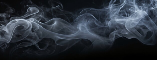 Abstract white smoke moves on black background. Blue fog on the empty dark scene, studio room with mist