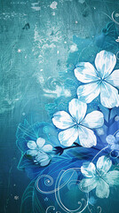 upright background illustration of white blossoms in front of blue colored pattern background
