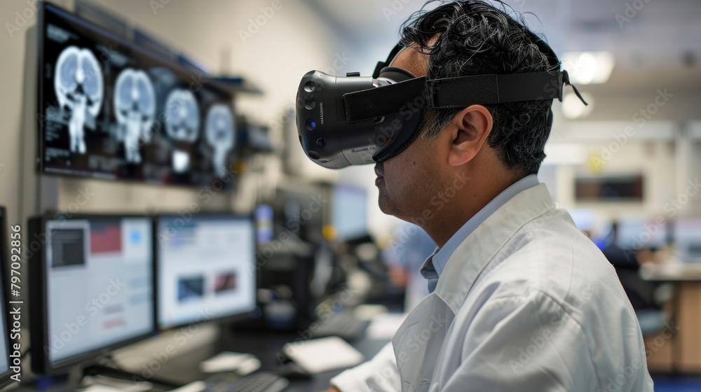 Poster doctor using virtual reality headset while looking at computer screen