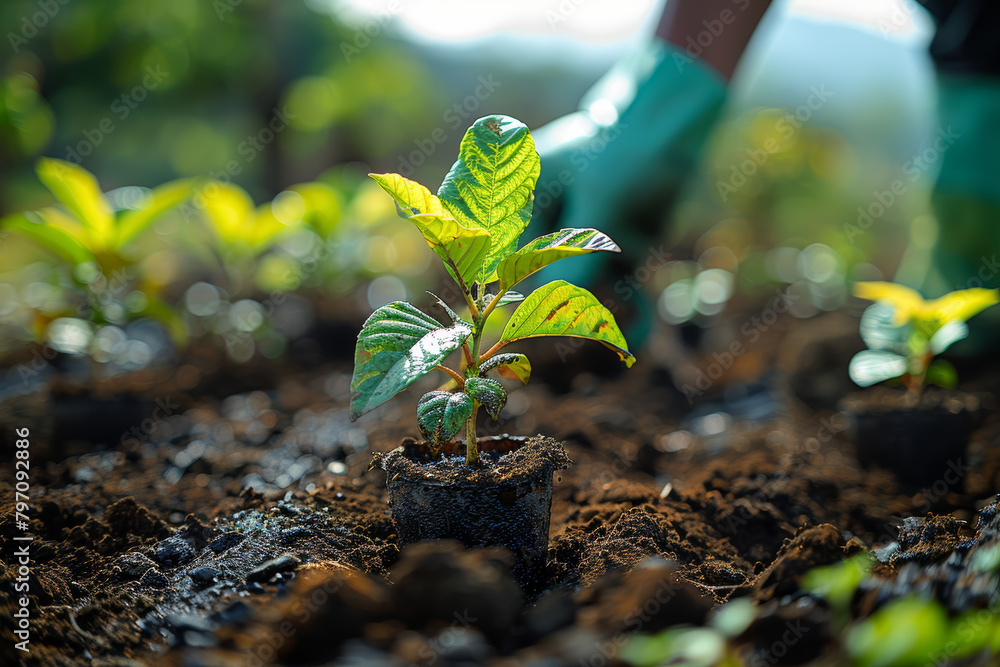 Poster a community organizing a tree-planting initiative to combat deforestation and promote carbon sequest