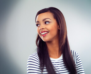 Cheerful, student and black girl in studio, smile and tshirt in mockup, Gen z and fashion for...