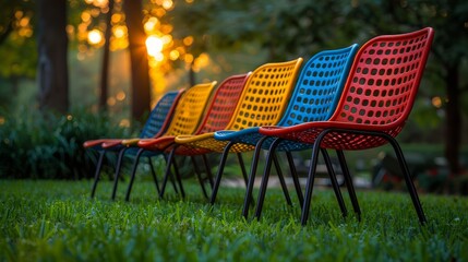 On a summer evening, four colorful metal chairs stand on the lawn. They are comfortable for relaxing in the urban environment. The light is soft, and long shadows encircle the chairs.