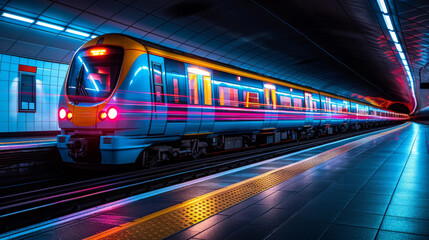 A train traveling down a track with lights and neon, AI