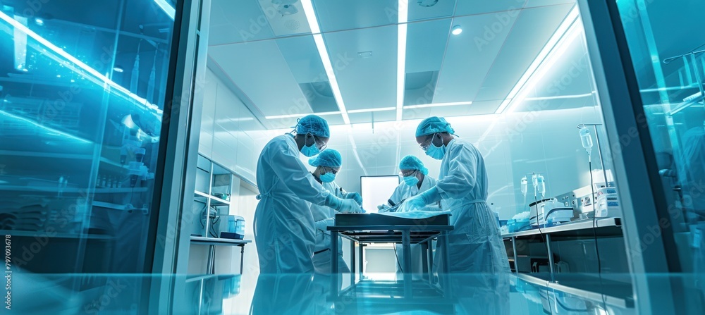 Poster scientists in a lab studying in an azure aqua environment