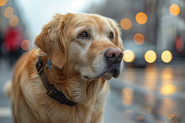 A guide dog leading its visually impaired owner safely through city streets, providing mobility assistance and independence. Concept of canine guide in human navigation. Generative Ai.