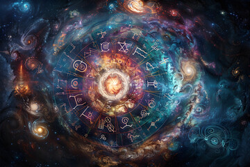 Mystical Constellation - The Artistic Representation of Zodiac Signs and Spiral Galaxies - obrazy, fototapety, plakaty