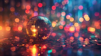 a disco ball is sitting on a shiny surface with colorful lights in the background