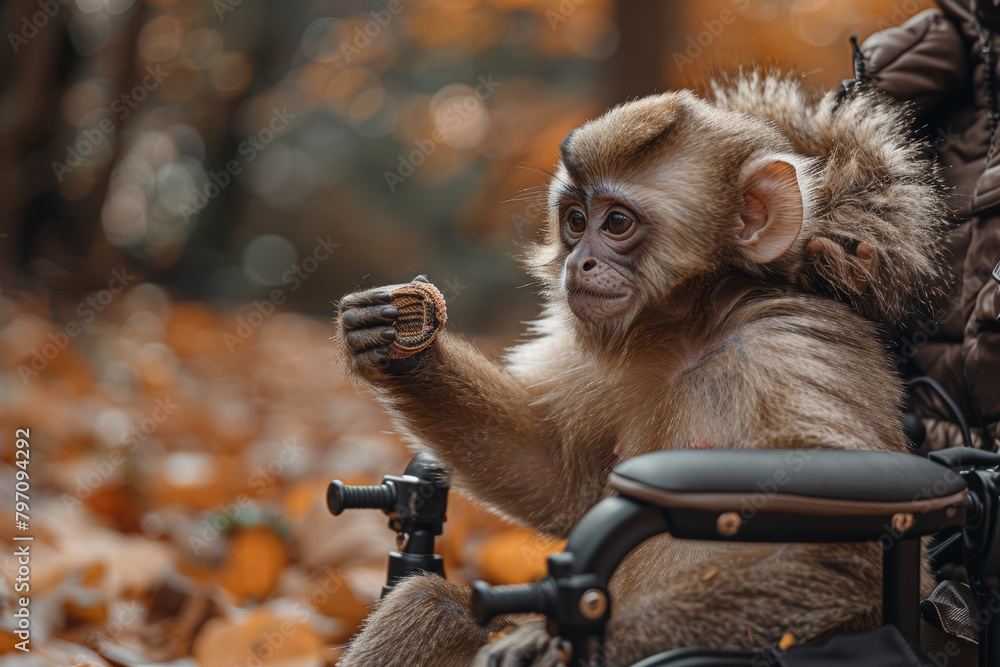 Poster a capuchin monkey assisting a person with mobility impairments by fetching objects and providing sup