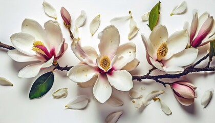 magnolia blooms with petals top view isolated on white background