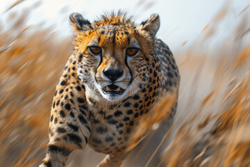 A trained cheetah sprinting alongside its handler on a wildlife reserve, participating in conservation efforts and research. Concept of cheetah involvement in wildlife conservation. Generative Ai.