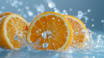 citrus fruit splashing isolated on blue background