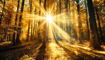 golden autumn mood in the forest with effective sun rays created with generative ai technology