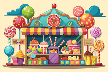 Illustration of a colorful candy kiosk with a striped awning, displaying various sweets like lollipops, cupcakes, and candy jars.