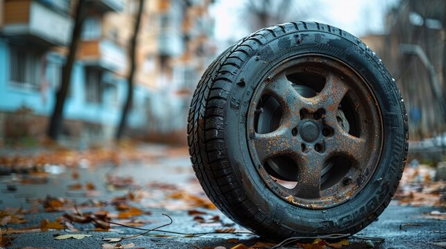 The image shows a flat tire on a car in the yard, near a four-story building. The image illustrates a breakdown, accident or damage, illustrating the topic of insurance and repair.