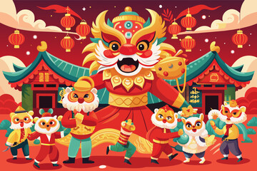 A detailed illustration  traditional lion dance performance celebrating the Lunar New Year.