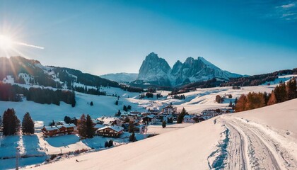 panoramic morning view of alpe di siusi village majestic winter sunrise in dolomite alps superb landscape of ski resort ityaly europe beauty of nature concept background - obrazy, fototapety, plakaty