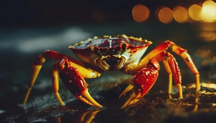 red yellow live crab on seashore photography close up crab claws pincers up wild nature shell water creature photo - Powered by Adobe