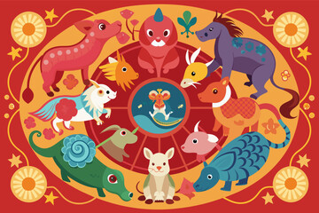 Colorful illustration of the twelve zodiac signs as cute animals, arranged in a circular wheel with a blue background and decorative elements like stars and flowers.