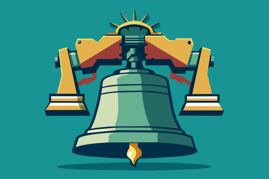 Illustration of a large, vintage-style bell with a clapper, surrounded by clouds of dust as it rings loudly. The bell is shaded in teal and cream colors