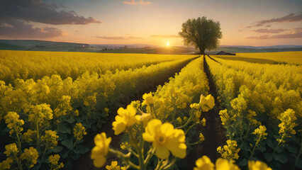Rapeseed field with rape yellow flowers at sunset time.Blooming canola grown for the rapeseed oil crop. Generative AI - obrazy, fototapety, plakaty