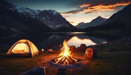 sunset in the mountains camping by the lake with a campfire