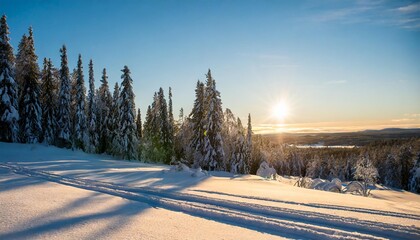 cross country skiing in winter wonderland in scandinavia at sunset - obrazy, fototapety, plakaty