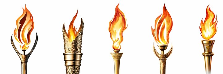set of Golden Olympic torch with fire