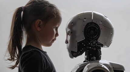 Obraz premium A child in front of a robot