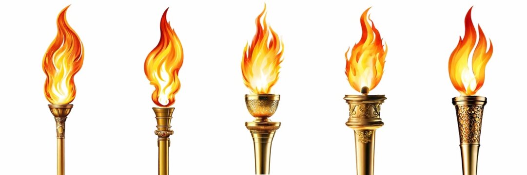 set of Golden Olympic torch with fire