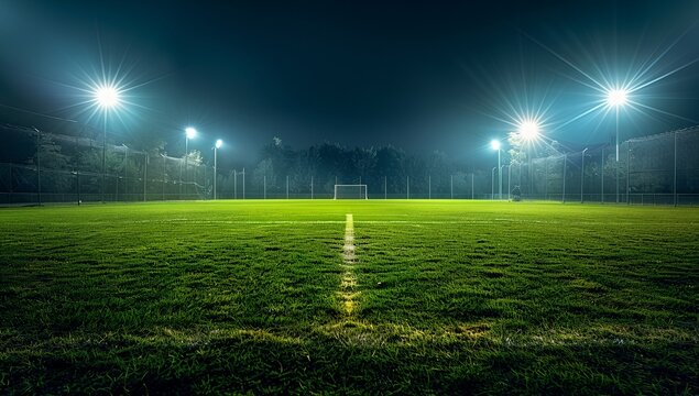 a soccer field with lights on it at night time