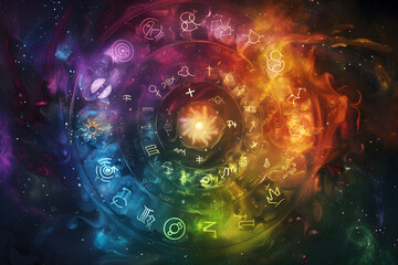 Mystical Constellation - The Artistic Representation of Zodiac Signs and Spiral Galaxies - obrazy, fototapety, plakaty