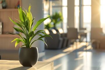 Naklejka premium Sunny office plant adds natural touch to modern office setting. Concept Office plant benefits, Natural office decor, Indoor greenery, Modern workspace design