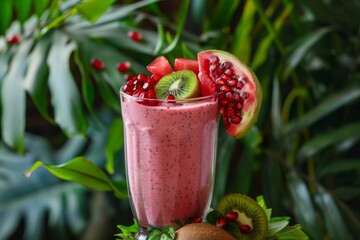 Delicious pink smoothie with kiwi, watermelon, and pomegranate seeds in a glass