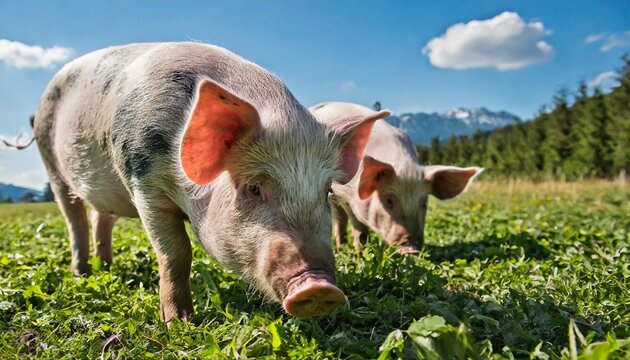free range domestic pigs eating on a meadow