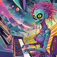 Zombie Alien Woman Playing the Piano