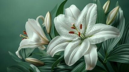 A close-up of a white lily flower on a light green background, suitable for wedding, holiday invitations, or postcards.