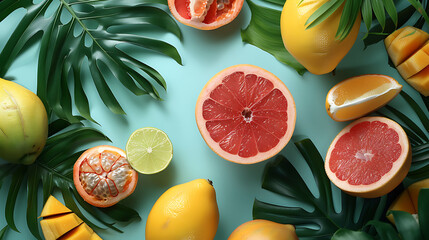 Creative layout made of summer tropical fruits and leaves, Flat lay, Food concept