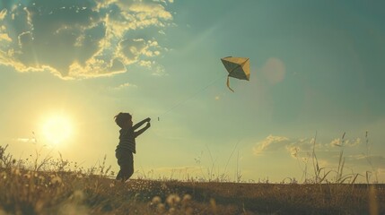 A serene view of a refugee child playing with a kite, symbolizing the joy and hope that play brings.