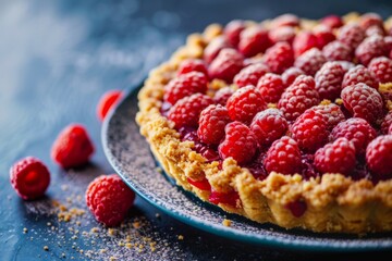 Close up of a berry pie with fresh raspberries on a plate - obrazy, fototapety, plakaty
