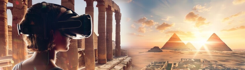 A woman wearing a virtual reality headset is looking at the pyramids of Egypt. Concept of wonder and adventure, as the woman is exploring the ancient ruins through the VR headset.