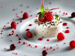 A beautiful and delicious dessert with raspberries and cream.