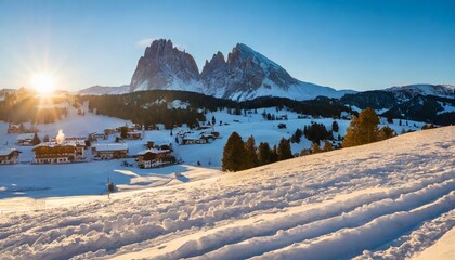 panoramic morning view of alpe di siusi village majestic winter sunrise in dolomite alps superb landscape of ski resort ityaly europe beauty of nature concept background - obrazy, fototapety, plakaty