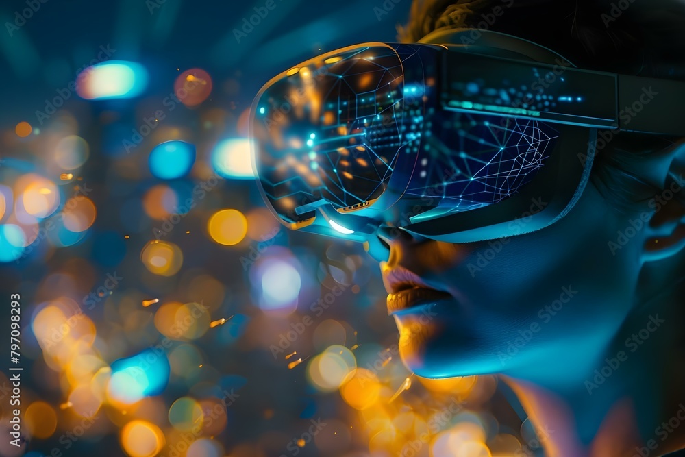 Poster futuristic city backdrop with virtual reality cyber security and quantum computing themes. concept f