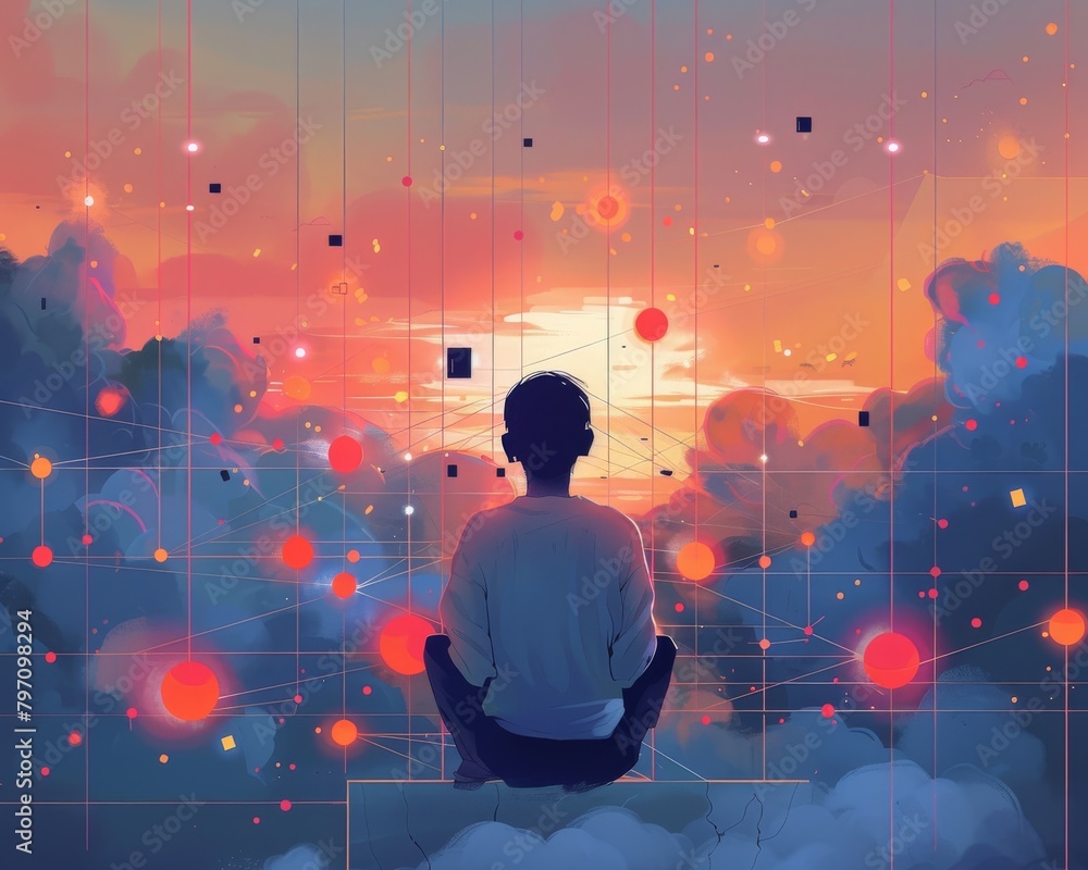 Wall mural A boy sits on a ledge overlooking a beautiful sunset. The sky is a gradient of orange, pink, and blue, and the clouds are a deep blue. The boy is wearing a blue shirt and jeans, and he has his hands r