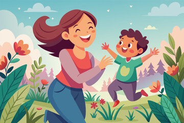illustration  mother and child playing together outdoors, filled with joy and laughter.