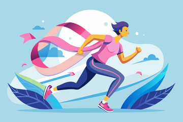 illustration  runner breaking through a finish line shaped like the World Cancer Day ribbon.