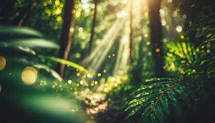 blurred out jungle forest abstract background with lots of bokeh and a sunrays and room for text - obrazy, fototapety, plakaty