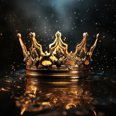 Regal crown submerged in water with splashes and golden reflections