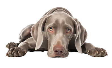 A gray Weimaraner dog lying down on a white surface.